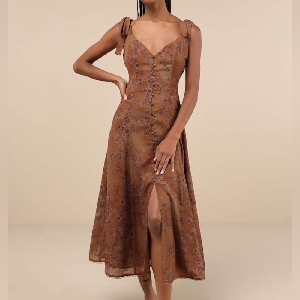 Nwt Lulus Charismatic Persona Brown Floral Tie Strap Shoulder Midi Dress Xs